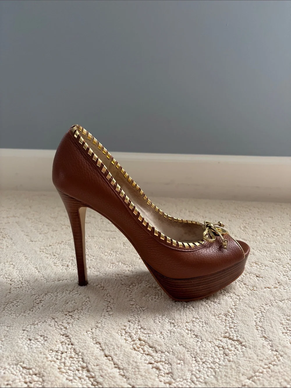 Michael Kors Brown Leather Peep-Toe Platform Heels with Gold Trim